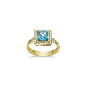 14k Yellow Gold Ring Sky Blue CZ Birthstone Band